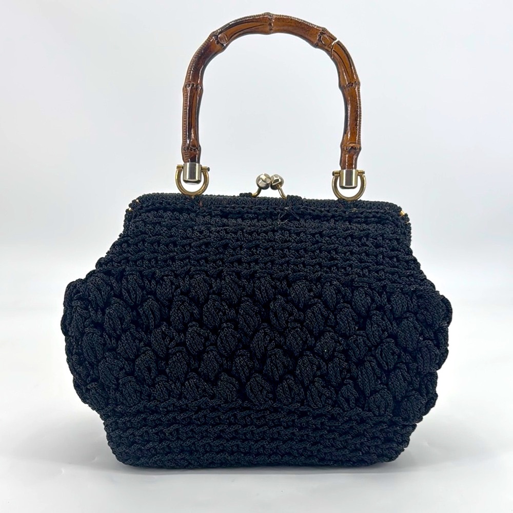 Vintage 50’s Crochet Macrame Woven Bamboo Hard Shell Made In Italy Satchel Purse